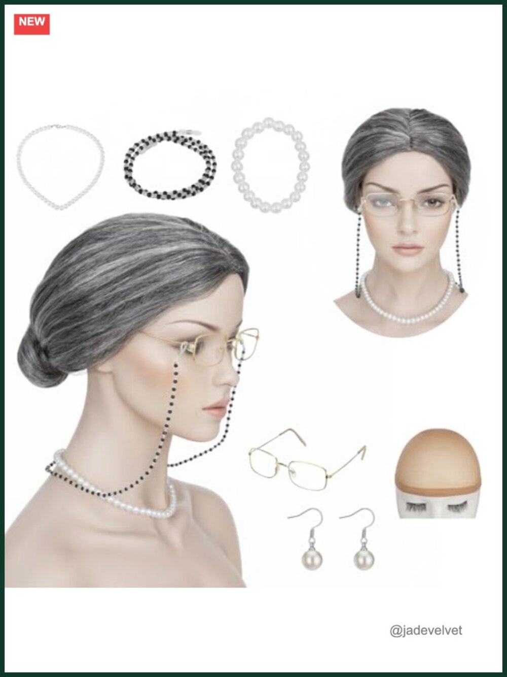 Old Lady Costume Set 7 Pcs Silver Grey Grandma Wig Glasses Pearl Jewelry
